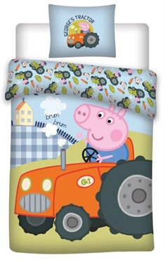 Sengetøj 140x200 cm - Gustav gris og traktor - Selvlysende sengelinned- 2 i 1 sengesæt - 100% bomuld